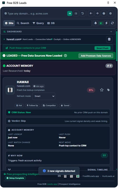 Free B2B Leads side panel with full company enrichment data